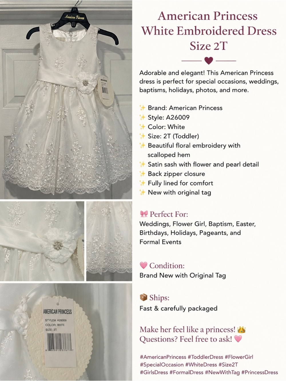 American Princess White Embroidered Dress 2T NWT